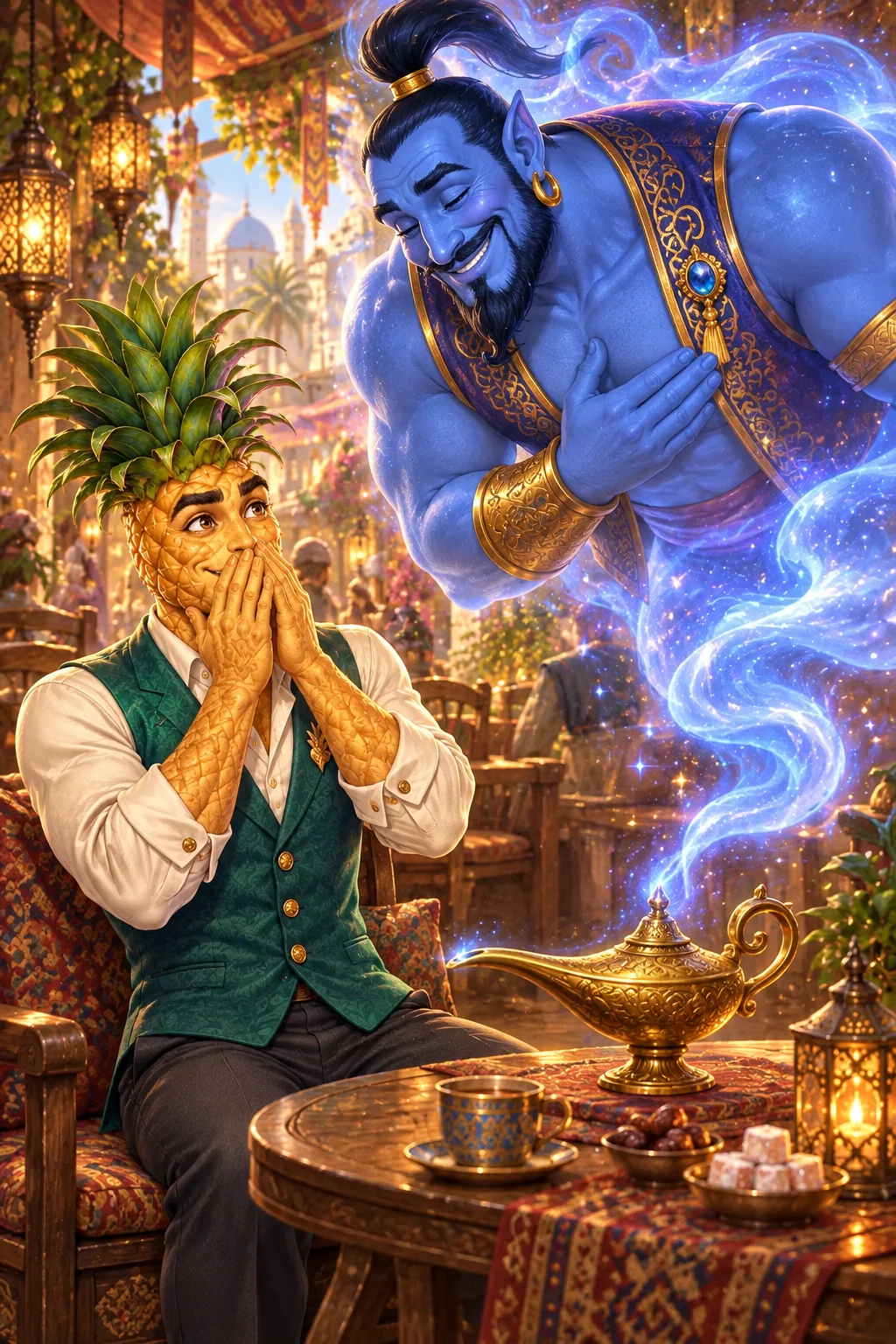 The friendly genie: Pip watches a friendly blue genie emerge from the café's brass lamp