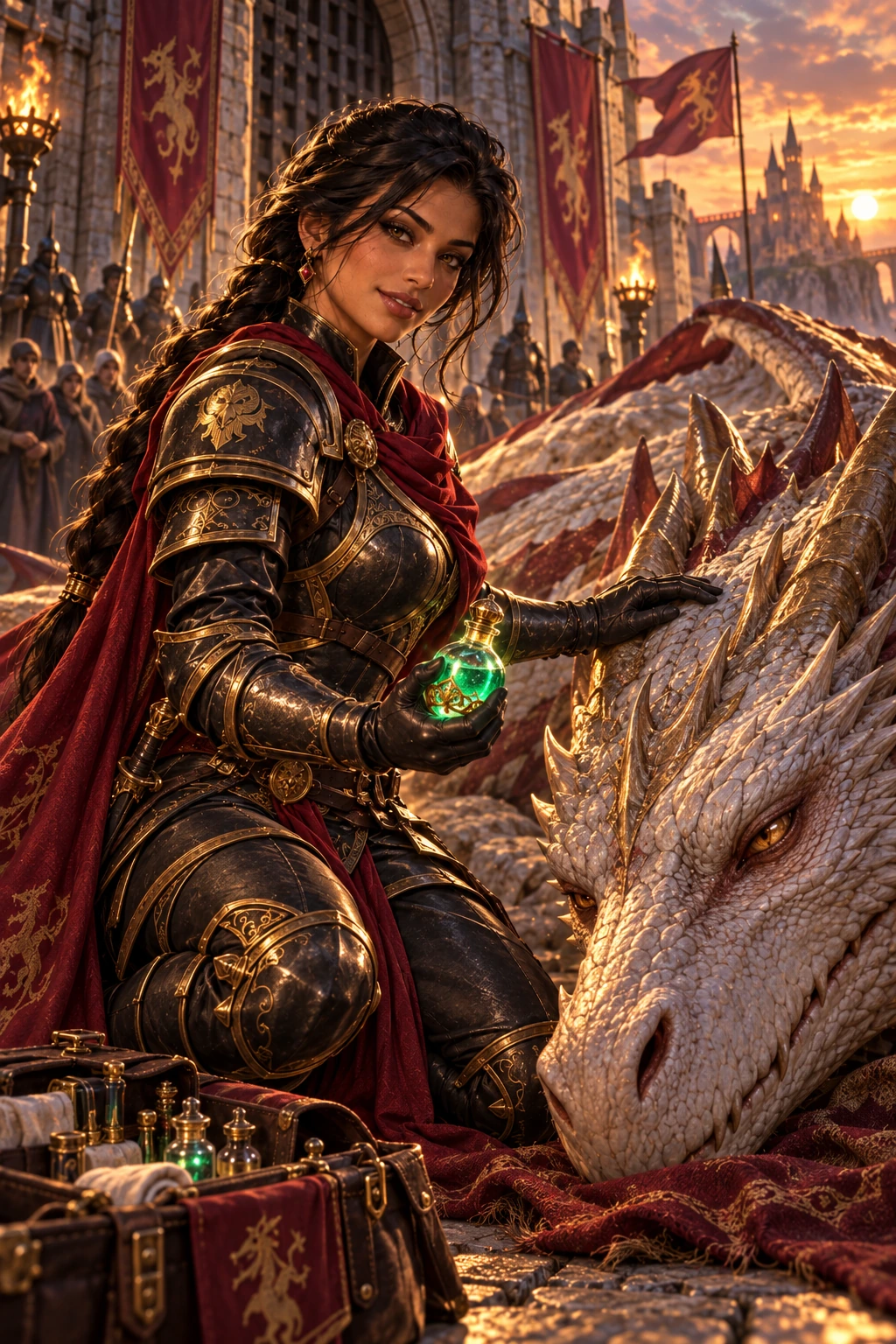 The dragon at the gate: Selene kneels beside a magnificent sick dragon at the castle gate with medicine in hand