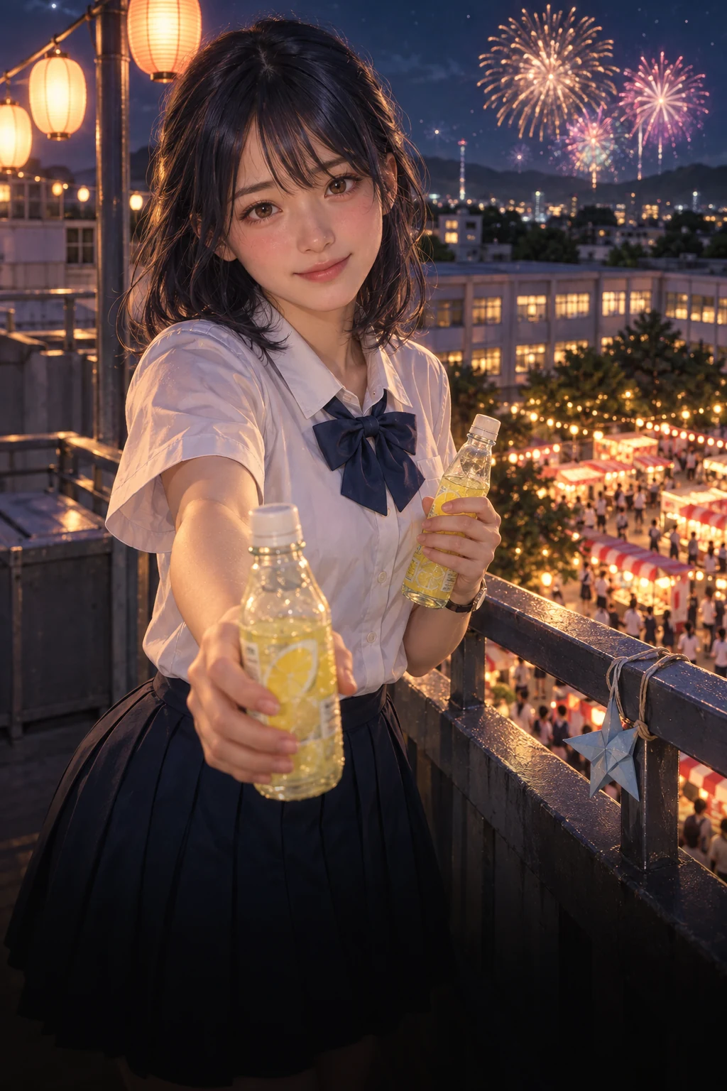 Fireworks above the festival: Aoi offers a lemon soda beneath lanterns and fireworks on the school rooftop during the final summer festival