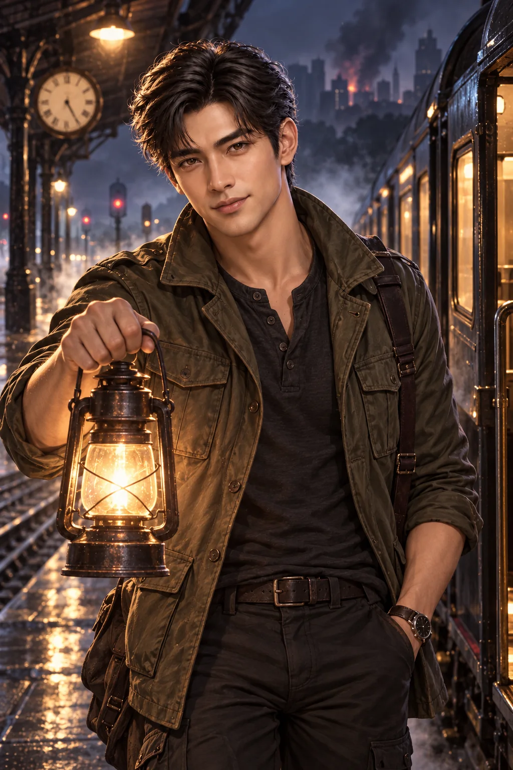 Leo, in a dark field jacket, holds up a lantern on a dim night-station platform
