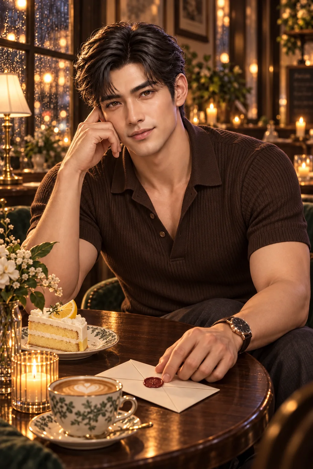 Leo in a chocolate knit polo waits at a candlelit café table with a letter and lemon cake