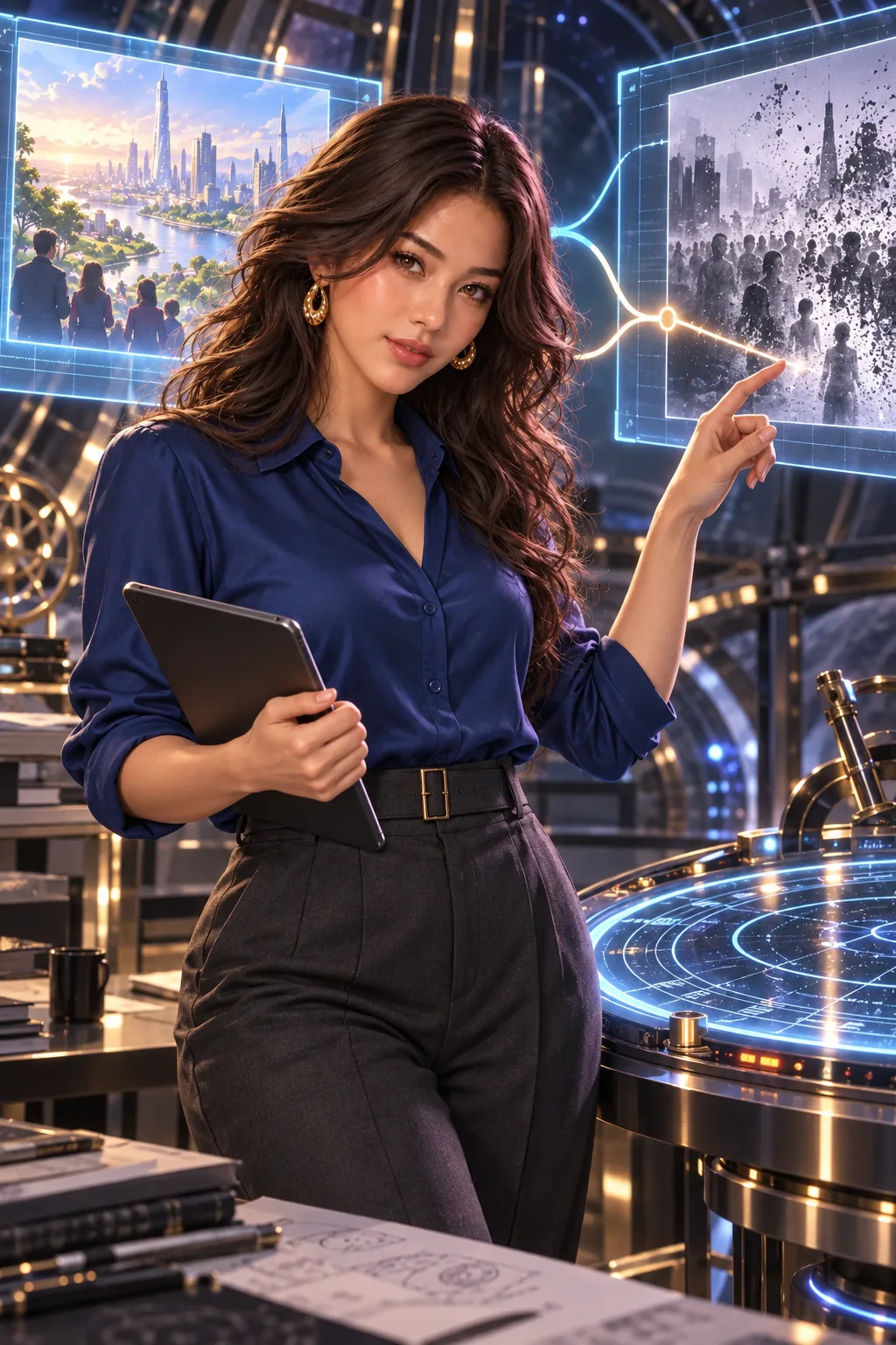 The vanishing branch: Mira compares two possible timelines at the time-machine controls