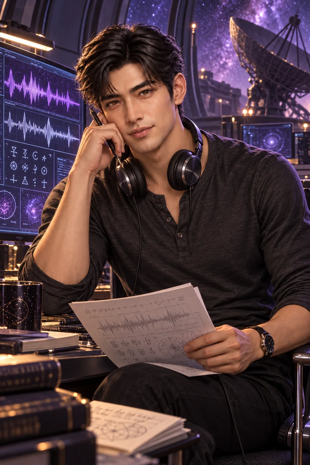 First, trust the clock: Leo studies the observatory signal with headphones around his neck