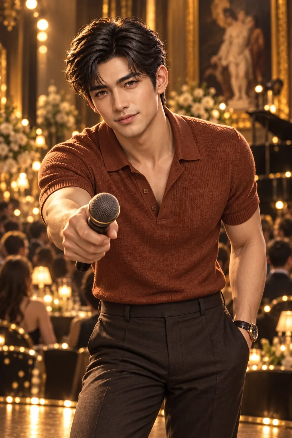 Leo in a rust knit polo offers you a microphone on the golden gallery stage