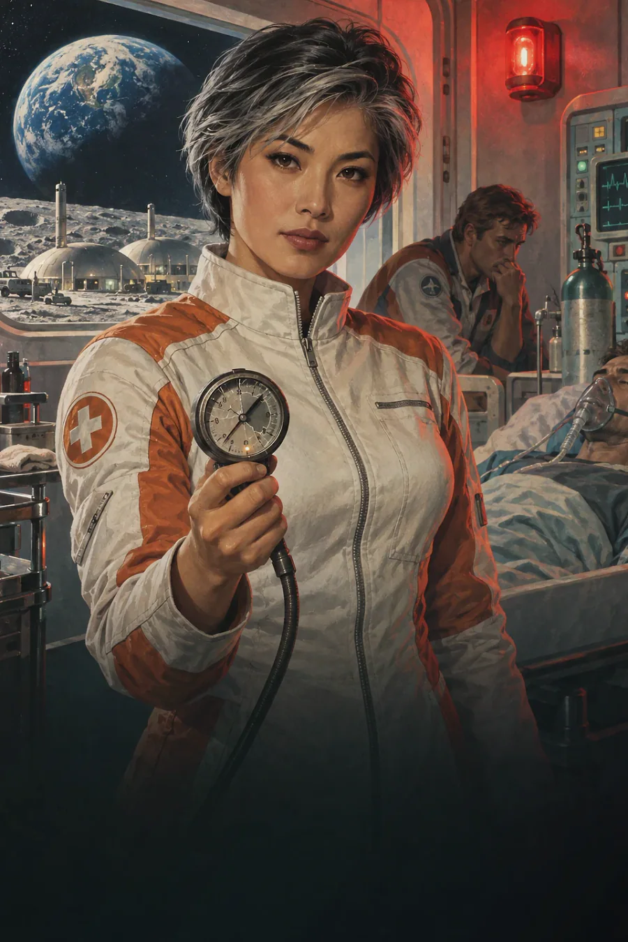 Dr. Sora Vale commands a lunar clinic during a meteor storm and oxygen blackout