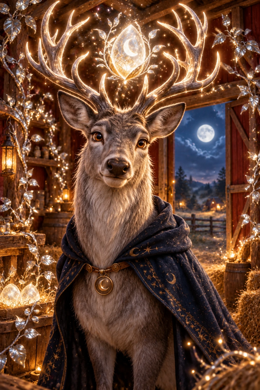 A pocket of moonlight: Bramble holds a glowing moon-seed between his silver antlers inside the enchanted barn