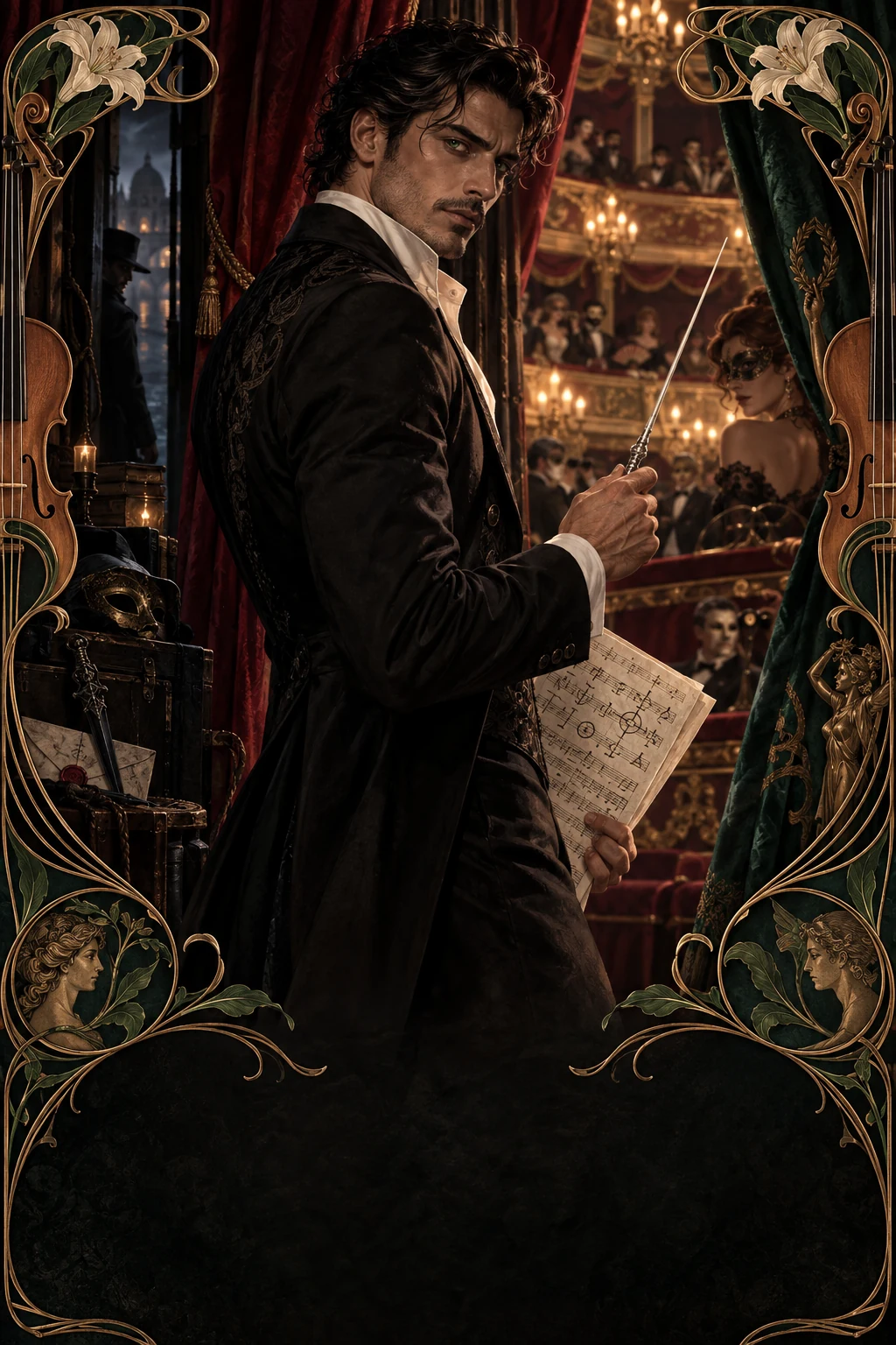 Cassian, a charismatic adult conductor, holds a coded score inside an ornate Art Nouveau opera house