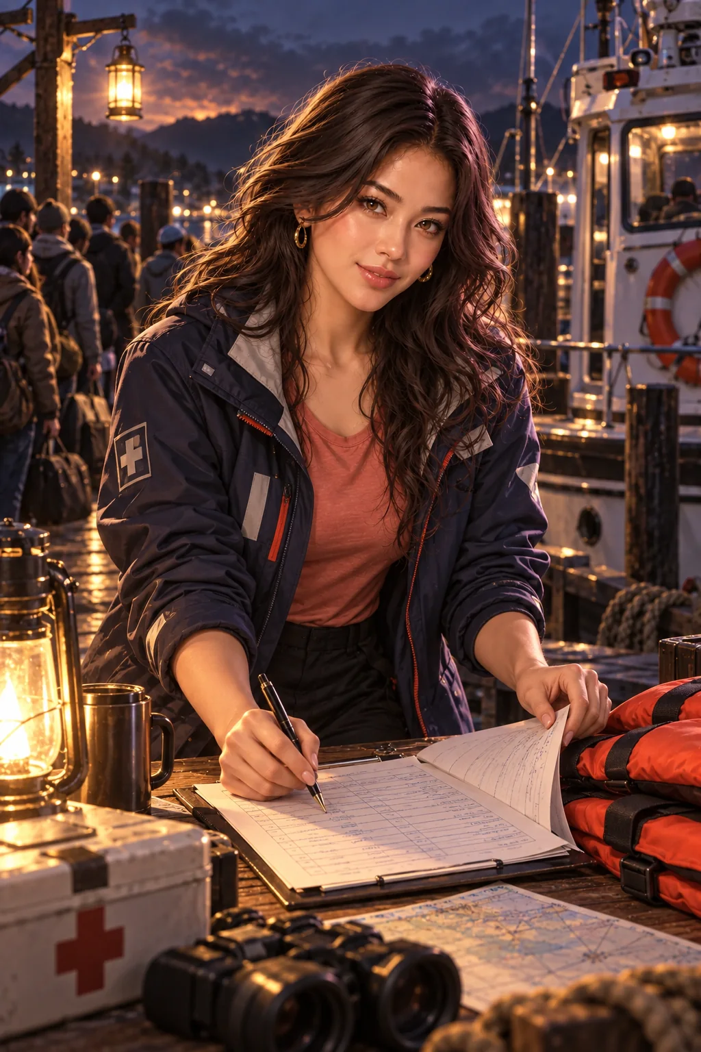 The cruel arithmetic: Mira checks the rescue boat's passenger manifest beside stacked lifejackets