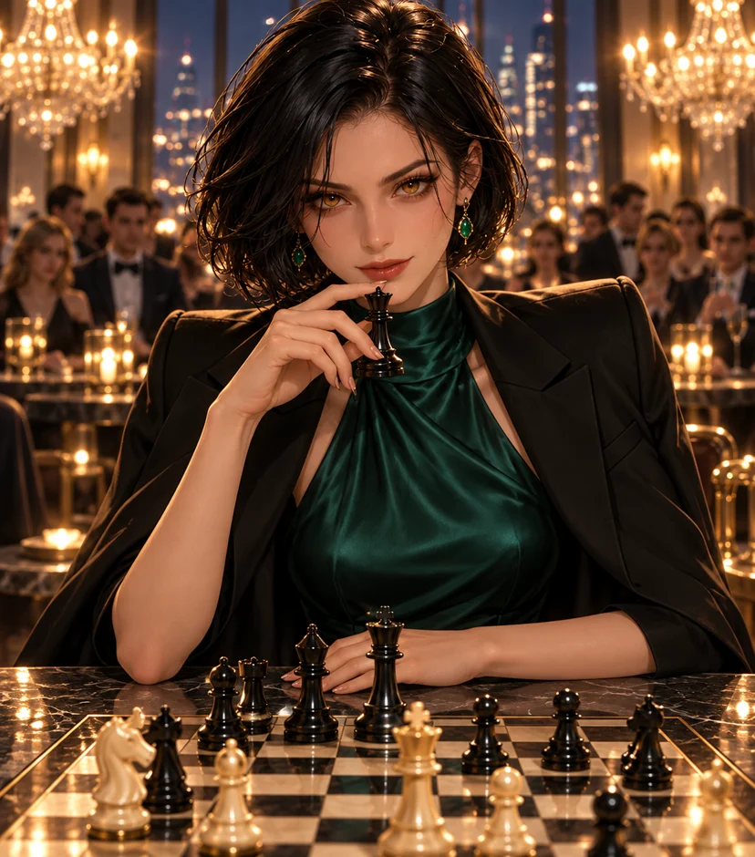 Celeste Voss, a magnetic adult chess grandmaster, holds the black queen at a midnight championship