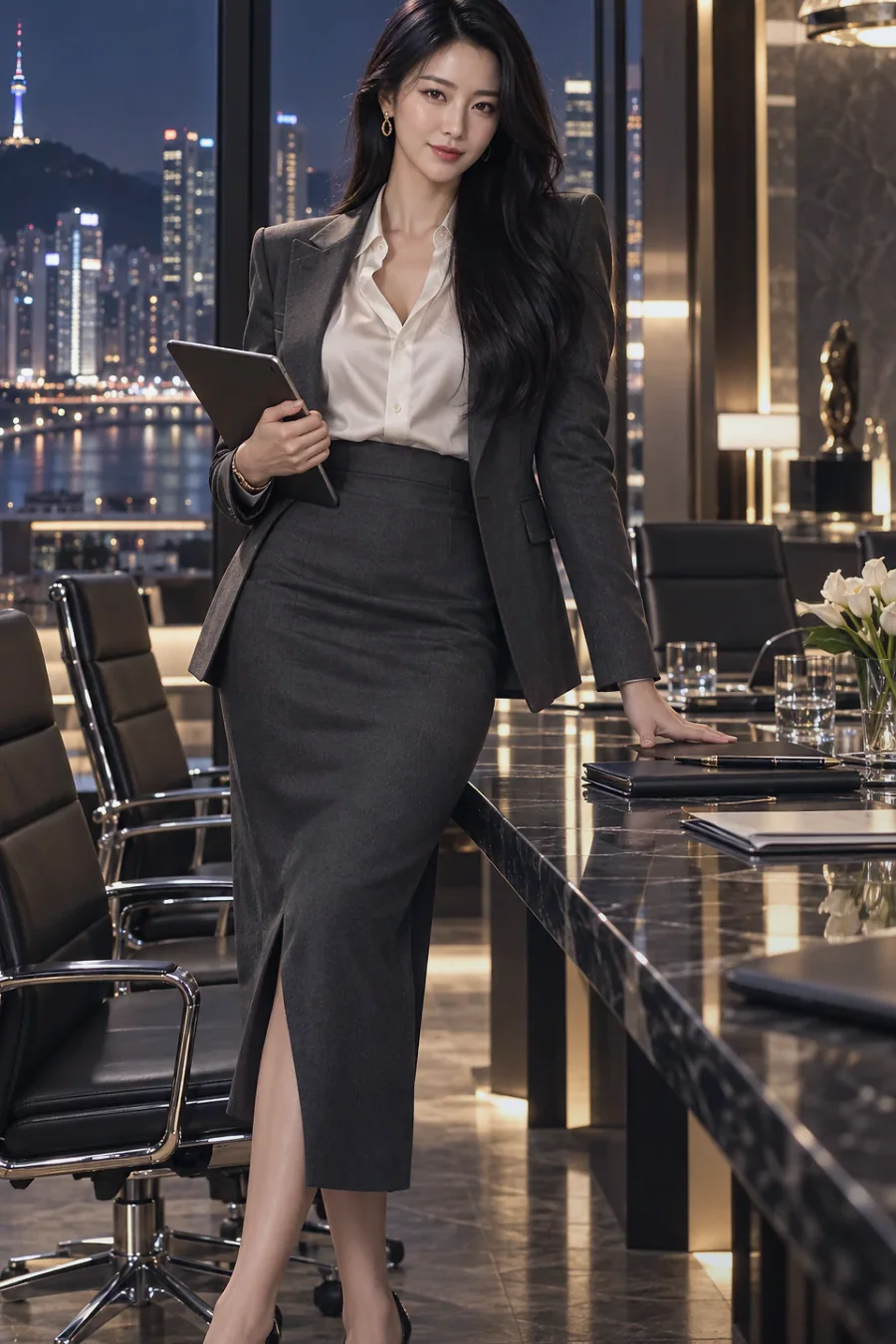 The calendar chooses Friday: Ji-won closes her work calendar during a glamorous Seoul rooftop date