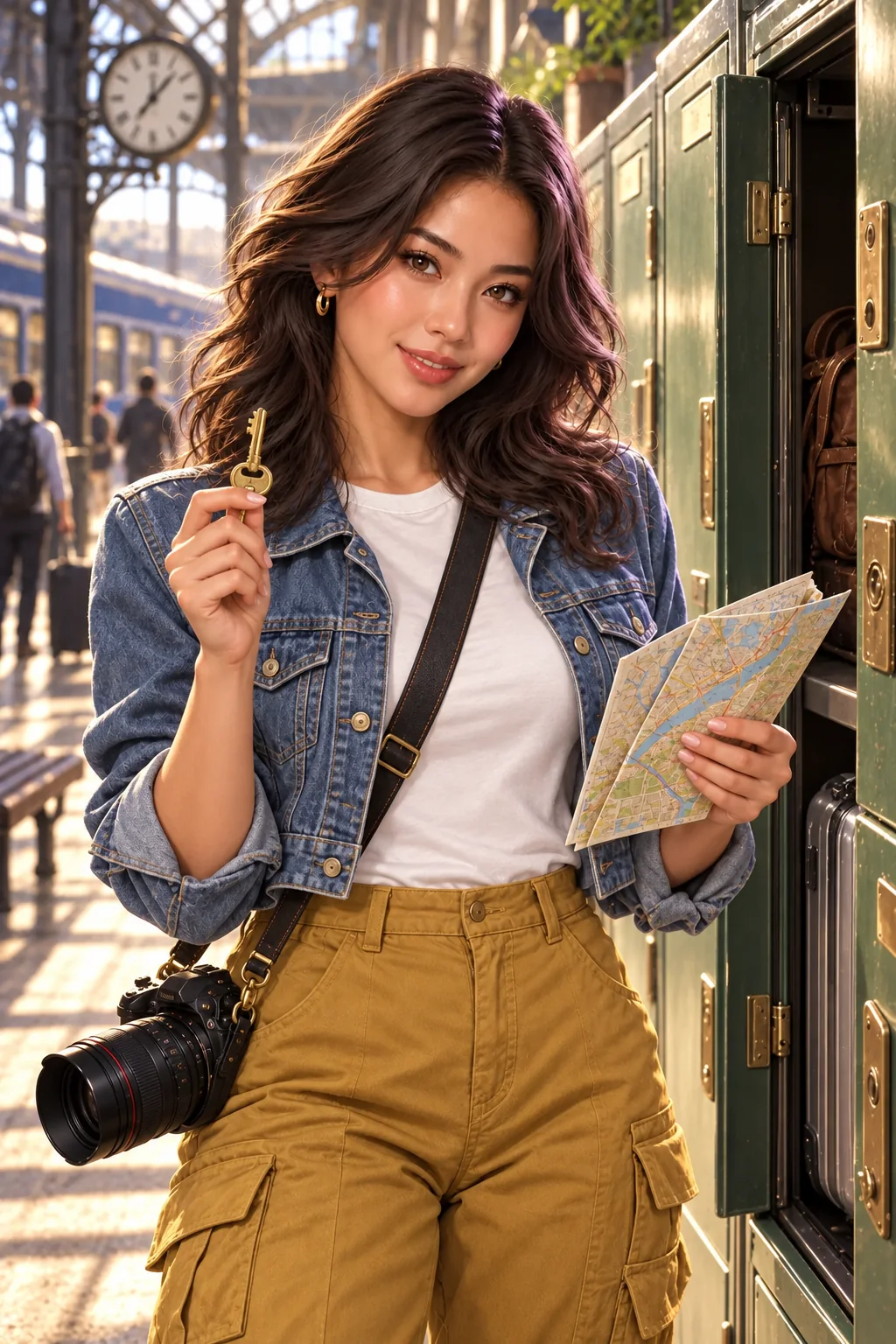 Mira in a white tee, mustard cargo trousers and denim jacket holds a brass key by the lockers