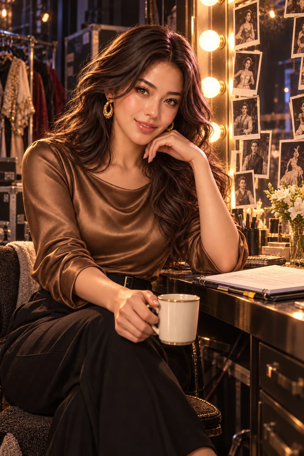 Name the fear: Mira offers reassurance beside the theatre dressing mirror in a bronze satin blouse