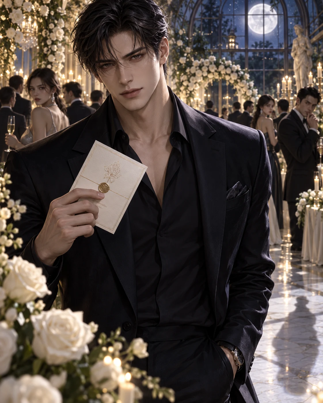 Leo, a magnetic adult wedding guest in a midnight suit, holds an impossible invitation inside a moonlit glasshouse