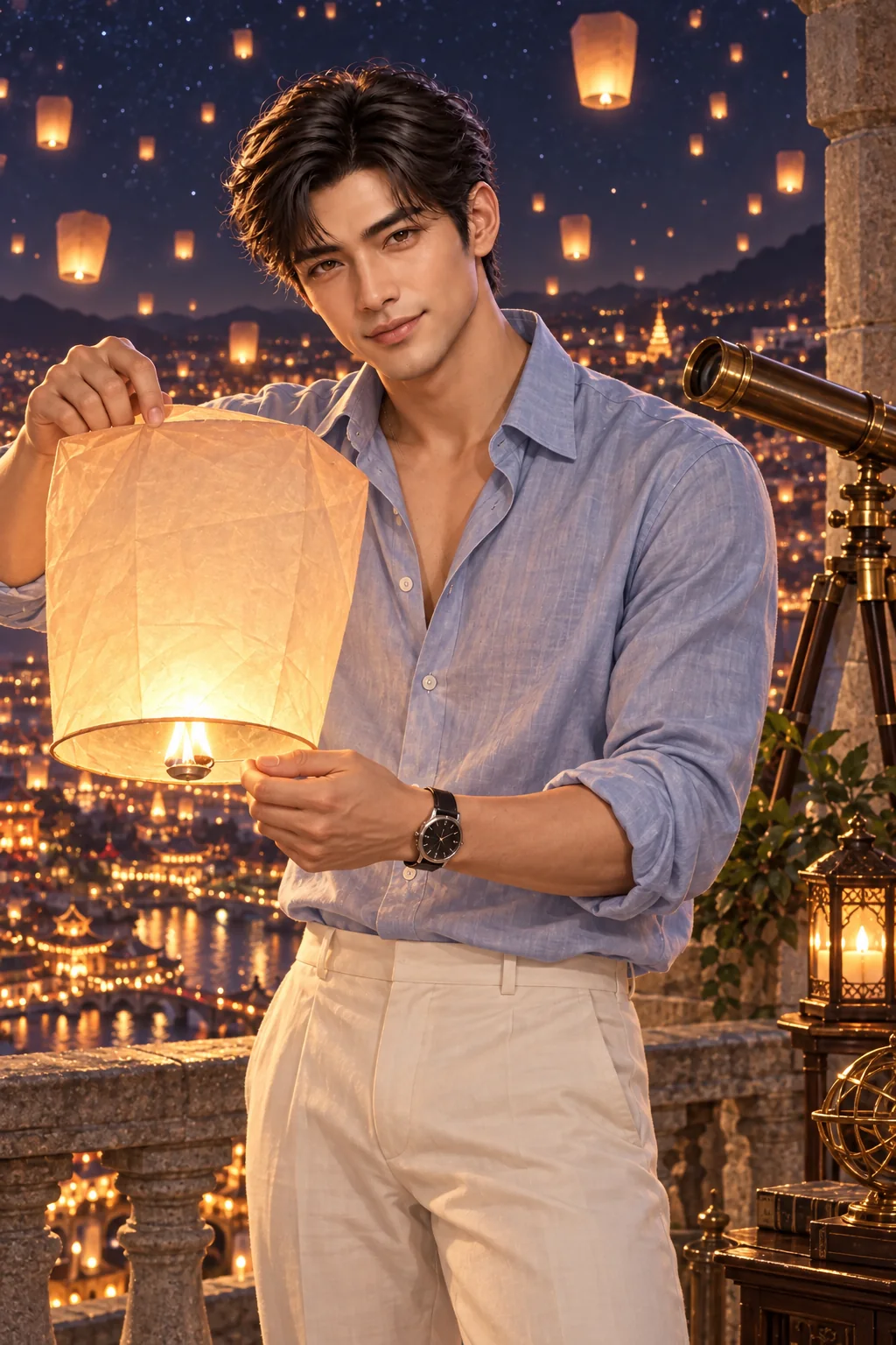 Which way to send it: Leo in a sky-blue linen shirt shares a lantern beneath the observatory stars