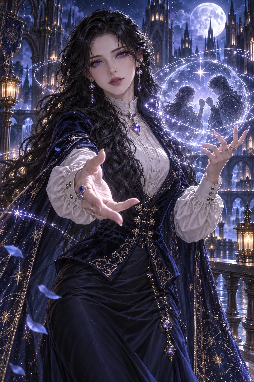 The memory chooses a shape: Elara reveals a shared past-life memory beneath the moonlit towers of the magic academy