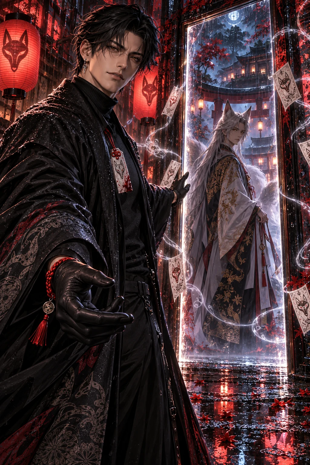 The diplomat behind the mirror: Ren opens a mirror gate to the missing fox-spirit diplomat in a rain-soaked yokai alley