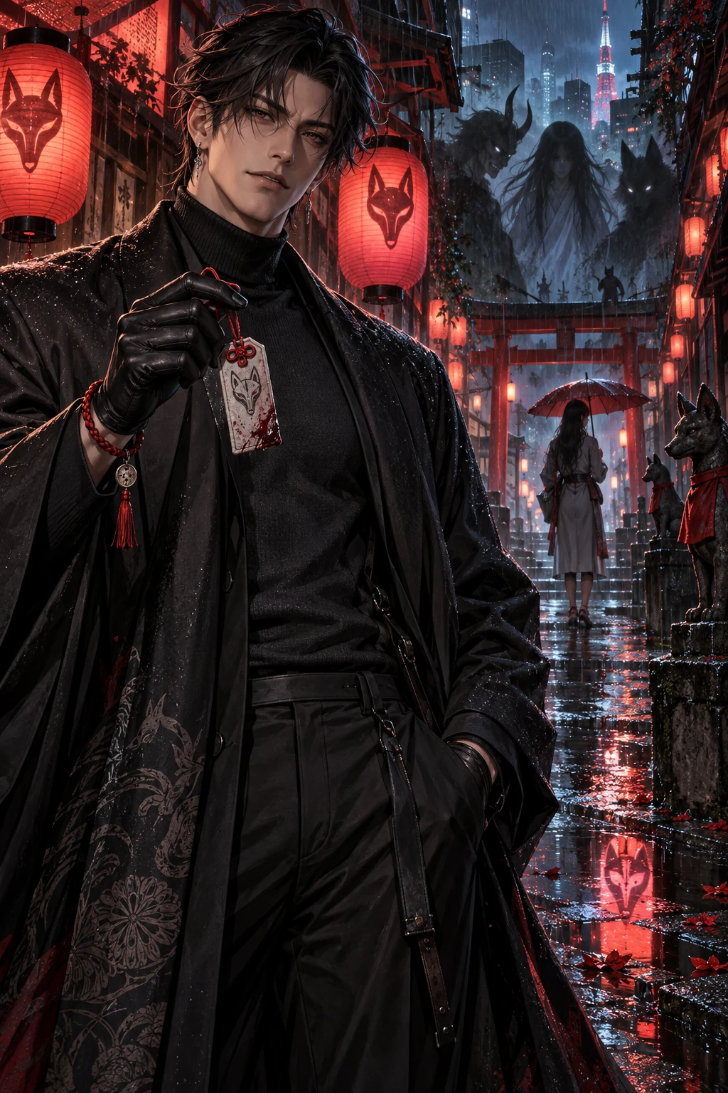 Ren, an adult yokai detective in a modern black haori, investigates a neon lantern street in supernatural Tokyo