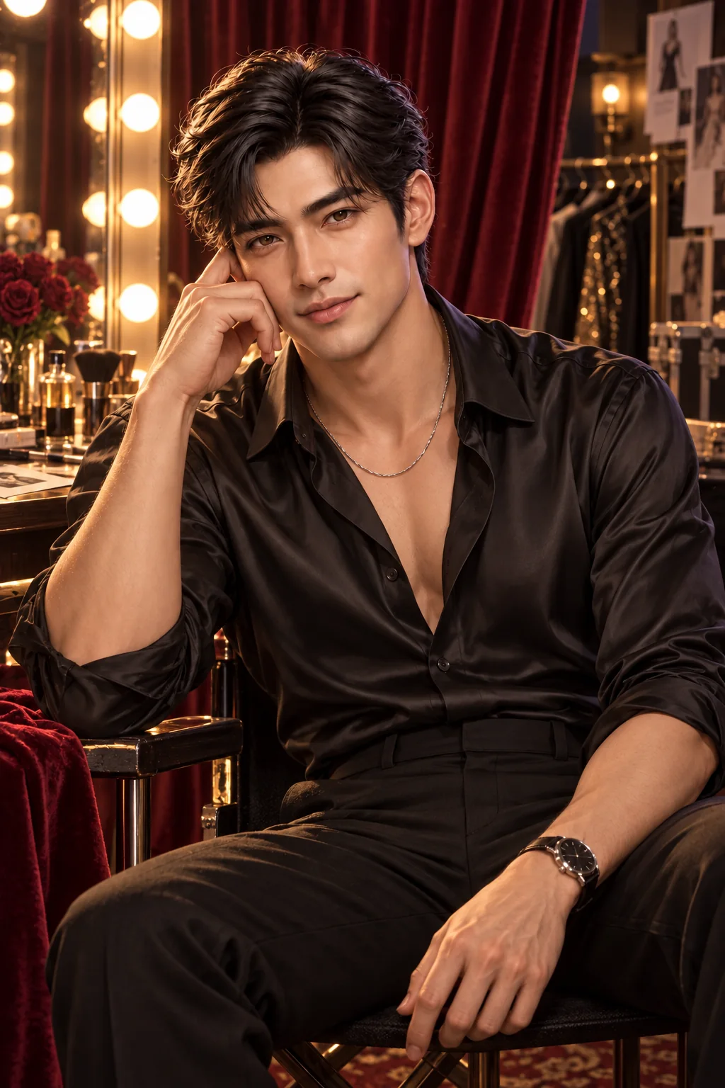 Leo in a black silk shirt waits beside a dressing mirror and velvet backstage curtains